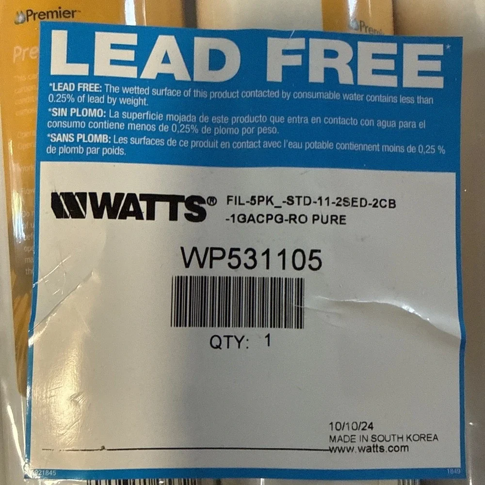 Watts Premier WP531105 RO Pure‎ Annual Filter Kit New Sealed